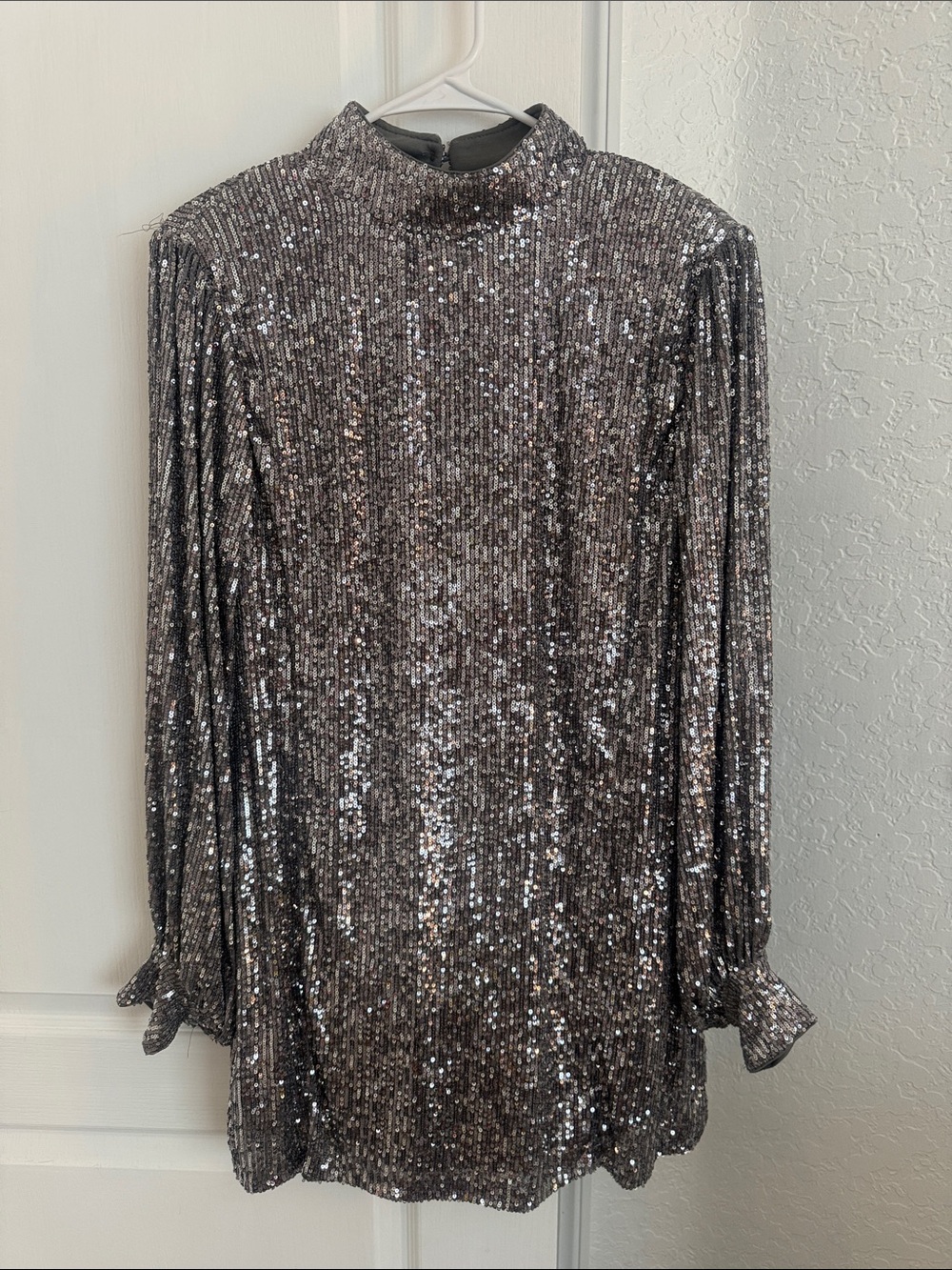 Red Dress Boutique Silver Sequin High-Neck Long Sleeve Mini Dress